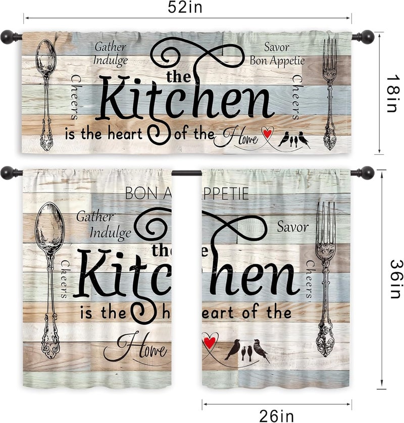 Riyidecor Teal Turquoise Kitchen Curtains and Valances 3 Piece Set Rod Pocket 36 Inch Short Rustic Wooden Board Country Fork and Spoon Retro Vintage Funny Quotes Bedroom Living Room Treatment Fabric - Image 2